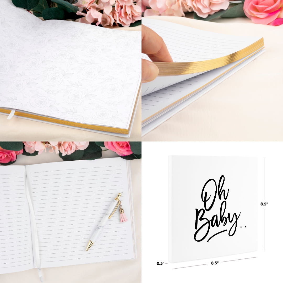 Koyal Wholesale Baby Shower Guest Book with Gold Accents, Oh Baby Design, White Guest Sign In Registry 8.5 X 8.5