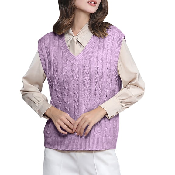 WNEGSTG Ladies' Solid Color Knit Vest V Neck Vest Sweater Sleeveless Pullover Purple