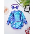 thumbnail image 4 of Hansber Toddler Baby Girls Shiny Metallic Long Sleeve Romper with Bow Headband for Birthday Party Outfit Blue 0-6M, 4 of 7
