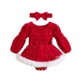 thumbnail image 1 of Suefunskry, trajes de Navidad para niñas, vestido mameluco de terciopelo con adornos de piel de manga larga + conjunto de diadema, ropa de Navidad para recién nacidos de 3 a 24 meses, 1 of 5
