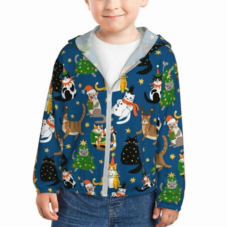

Qekee Different Cats Christmas Print UPF 50+ Kids Sun-Protective Hooded Long Sleeve Rash Guard for Fishing Water Beach Sports -5 Years