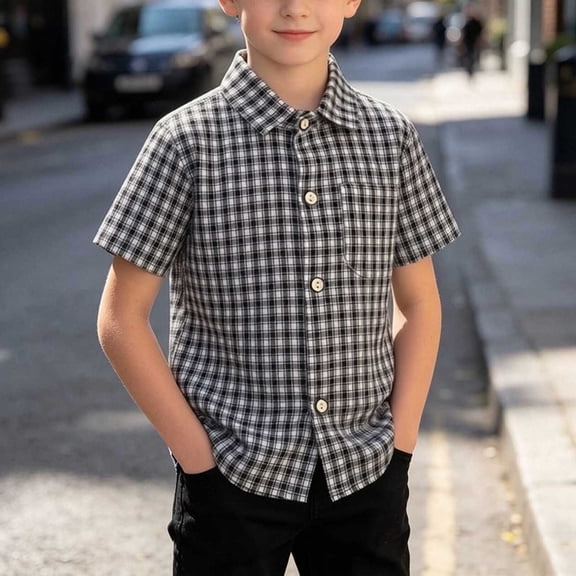 Kids' Plaid Short Sleeve Shirt, Collared Loose Fit Casual Top, Ideal for Family Picnics and Backyard Play, 1-12 Years Gray 2-3 Years