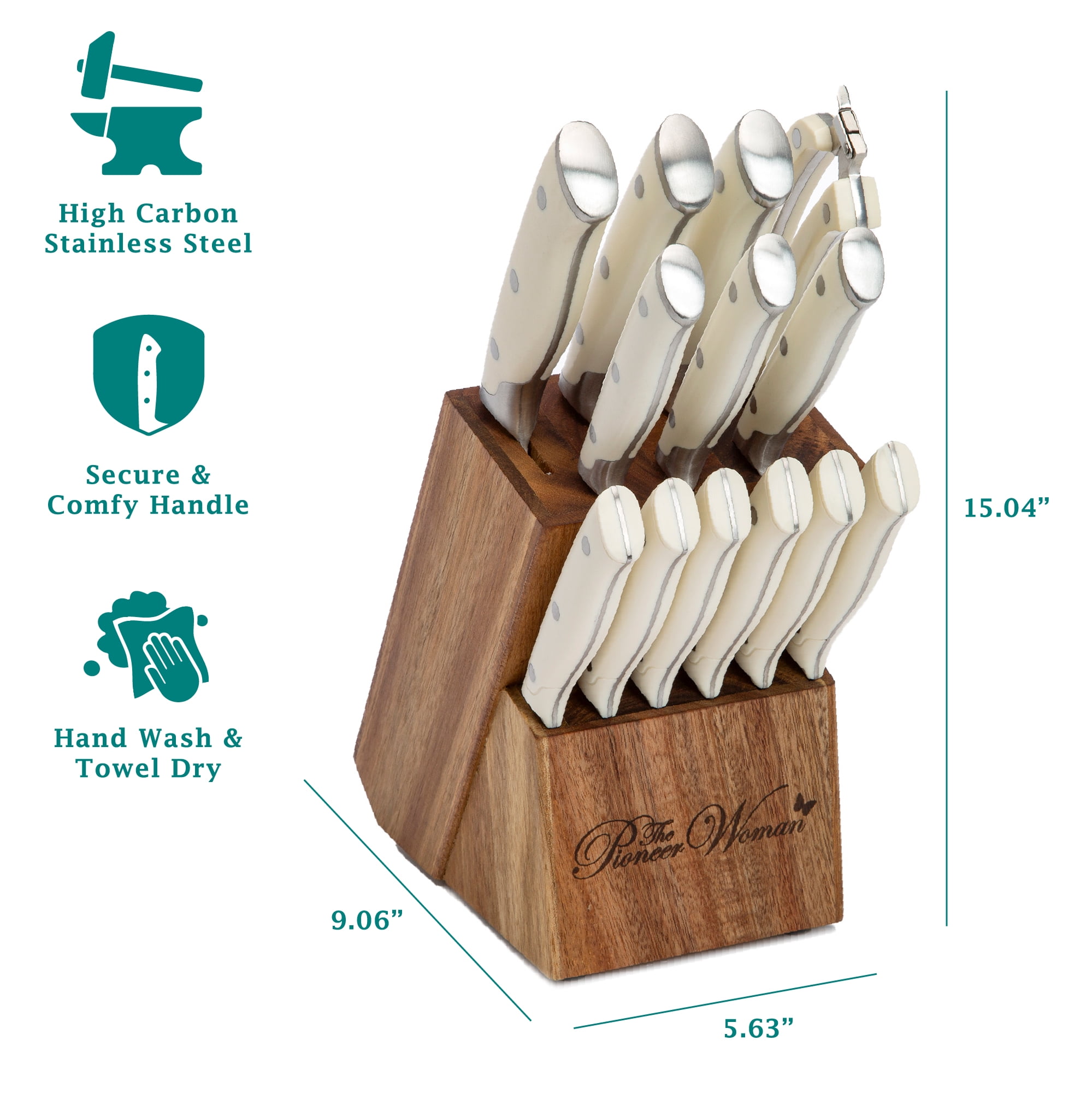 The Pioneer Woman Pioneer Signature 14-Piece Stainless Steel Knife Block Set, Linen