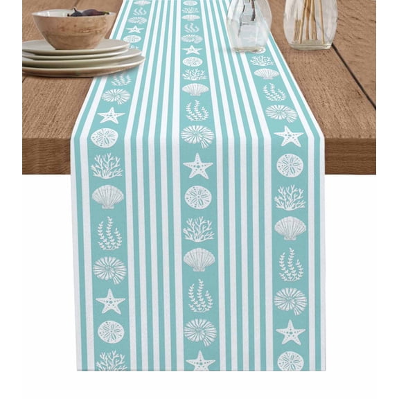 Ldtrchee Teal Striped Coastal Table Runner 70 Inches, Nautical Beach Starfish Shell Bed Runner Dresser Scarves Tabletop for Indoor Outdoor Parties/Ceremony/Banquet, 13" x 70"
