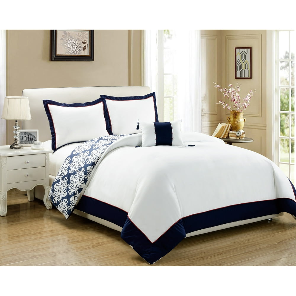 Chic Home 8Piece Maribeth Navy Blue and White REVERSIBLE Medallion