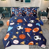 jejeloiu Baseball Game Lovers 7-Piece Twin Bedding Sets,Rugby Basketball Sport Bedding Comforter Set,Ball Gamer Sheet Sets For Boys Kids,Microfiber Bedroom Decor Reversible