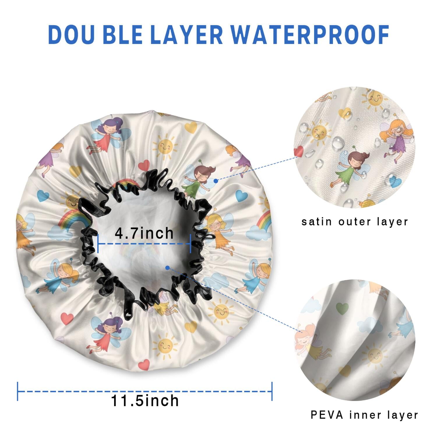 Shower Caps,Pastel Fairy Rainbow Pattern Waterproof Shower Cap for Women 4 Pieces,Double Reusable Hair Cover for Shower PEVA Elastic Stretch Hem