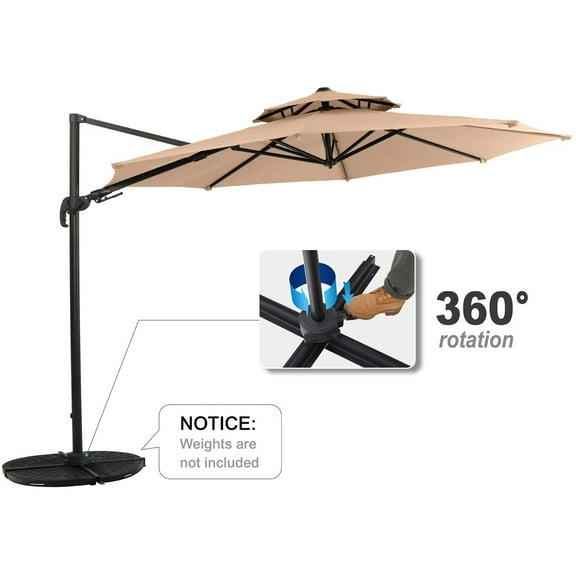 MF Studio 11ft Offset Cantilever Umbrella Double Top Deluxe Outdoor Patio Market Umbrella, 360 Degree Rotation with Cross Base, Beige