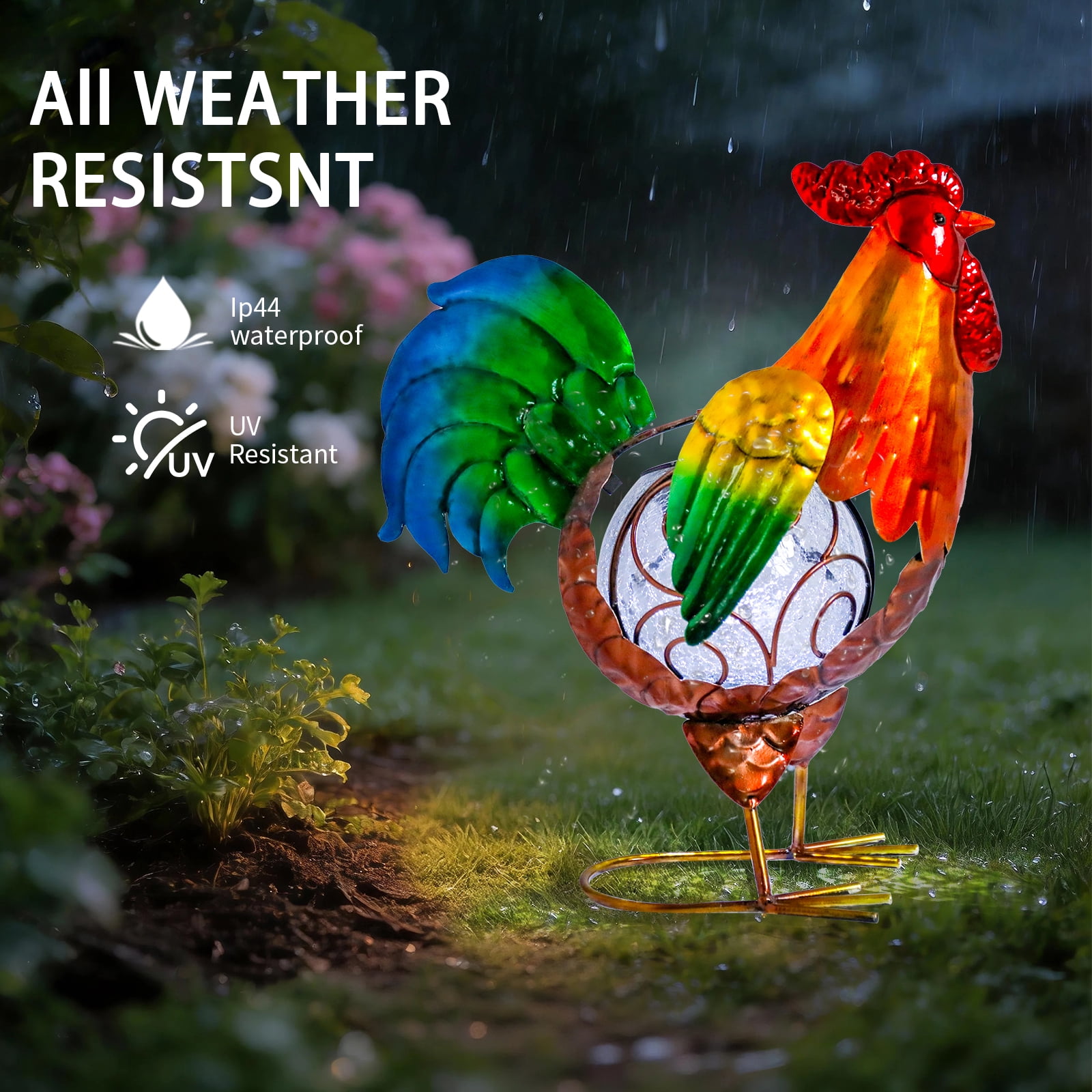 Chicken Statue,Rooster Solar Lights Outdoor Garden Decor, Rooster Solar Light with Crackle Glass Globe Gardening Statue Gifts and Metal Statue ,for Lawn Porch Patio Outside Garden
