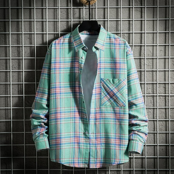 lulshou 2025 Plaid Shirt Men for Man Saving Mens Button Down Shirts Regular Fit Long Sleeve Casual Plaid Flannel Shirt Green-L