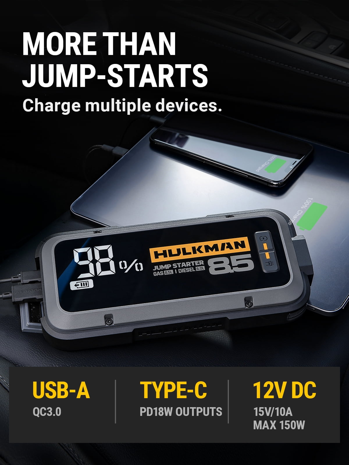 HULKMAN Alpha85 Smart Jump Starter 2000 Amp 20000mAh Car Starter for up to  8.5L Gas