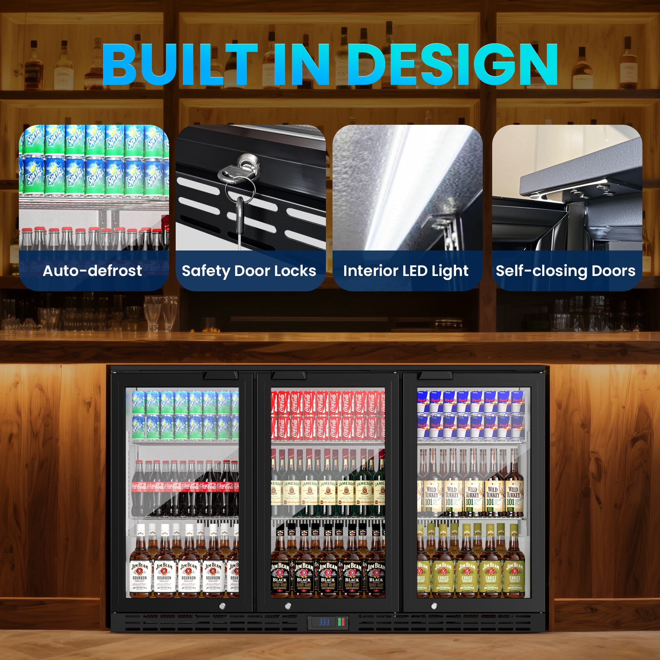 Coolake 53" 11.7 cu.ft Commercial Back Bar Cooler with 3 Glass Doors, Under Counter Height Beverage Refrigerator in Stainless Steel with LED Lighting for Soda Drinks, Beer, Wine