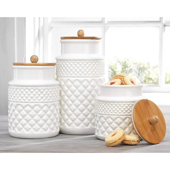 Set of 3 White Canisters with Wooden Lid 3 Round Ceramic Jars Bamboo Covers with Rubber Sealed Gasket For Food Storage, Kitchen Decor