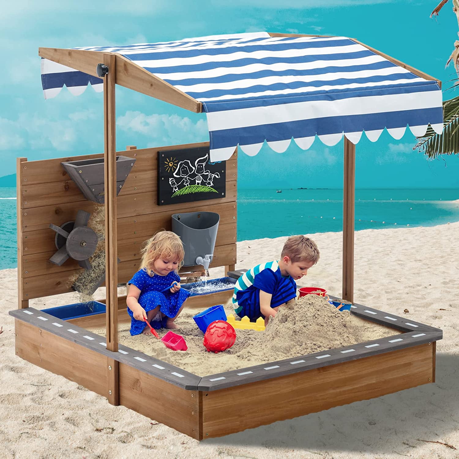 Linor Kids Large Wooden SandBoxes with Cover, Outdoor Sand Box Play with Adjustable Roof & Sand