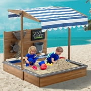 Linor Kids Large Wooden SandBoxes with Cover, Outdoor Sand Box Play with Adjustable Roof & Sand Funnel & Drawing Board for Backyard Garden Beach, Sand Pit for Beach Patio Outdoor, Brown