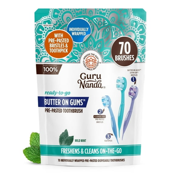 GuruNanda Butter on Gums Mini Travel Toothbrushes with Toothpaste - Extra Soft Bristles - 70 Count