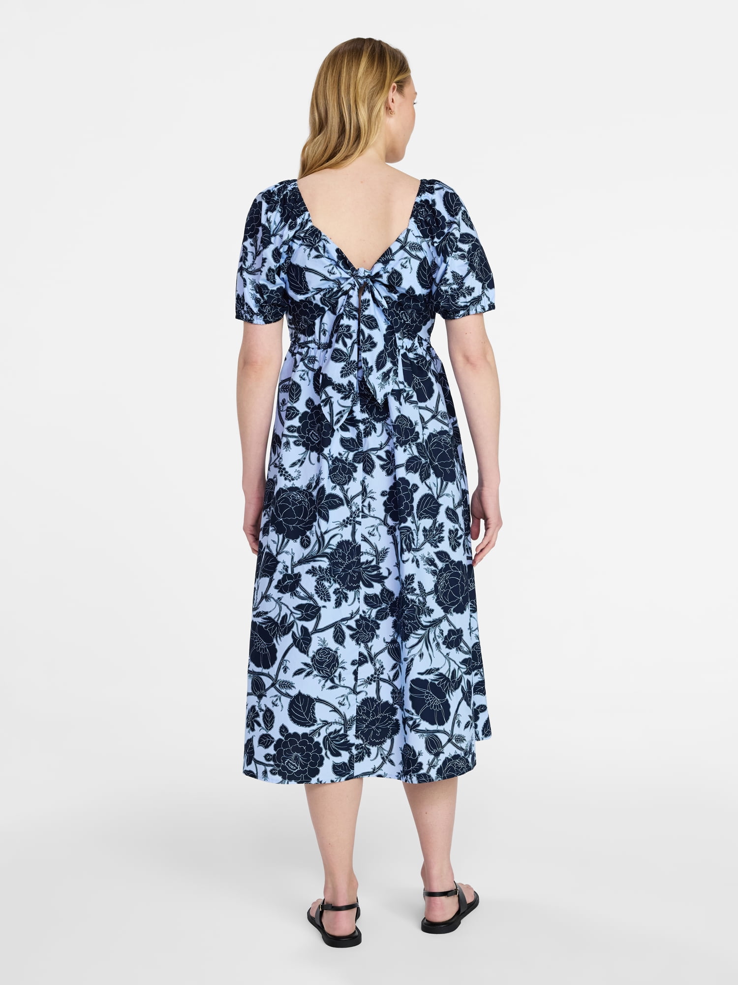 Time and Tru Women's and Women's Plus Cotton Back Tie Midi Dress with Short Puff Sleeves, Sizes XS-4X