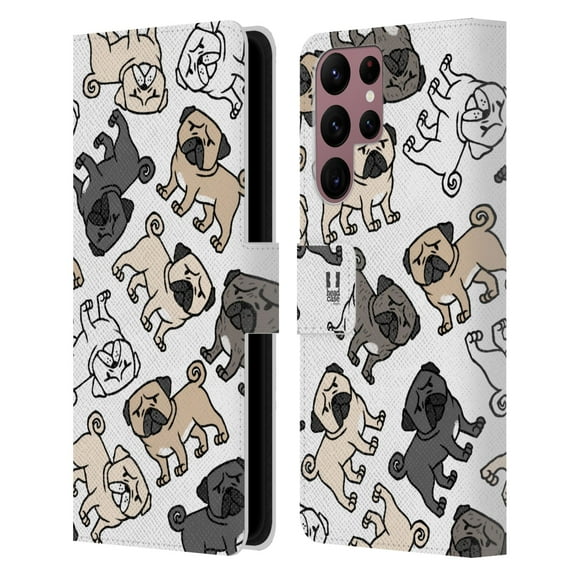 Head Case Designs Dog Breed Patterns Pug Leather Book Wallet Case Cover Compatible with Samsung Galaxy S22 Ultra 5G