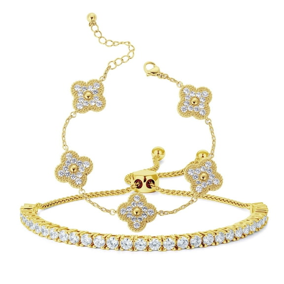 Women’s 2PCS CZ Clover Bracelet Set, Adjustable Lucky Clover Chain & 3mm Tennis Bracelet, 18K Gold or Silver Plated, Dainty Gift Jewelry for Her
