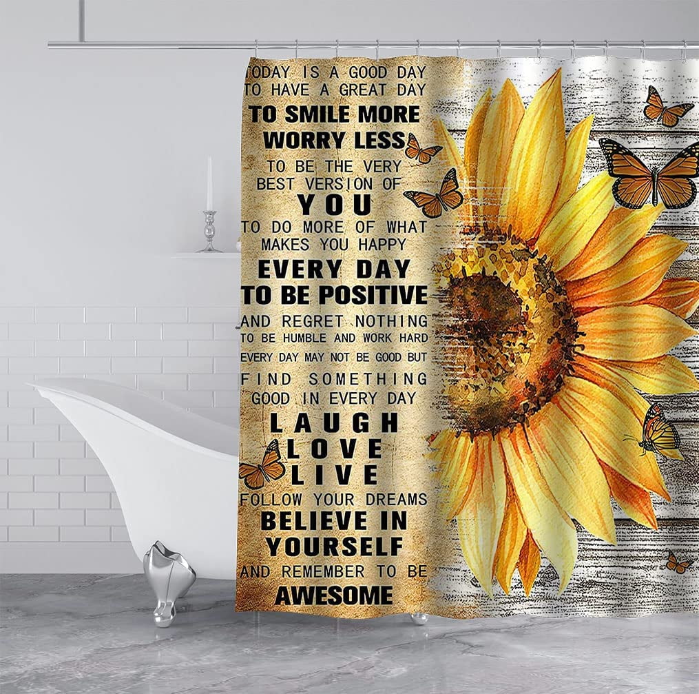 SPXUBZ Sunflower Shower Curtain, Positive Inspirational Quotes Yellow Floral Butterfly Country Rustic Farmhouse Bathroom Decor, Waterproof Fabric Shower Curtain Set , 72 X 72 Inch, Live Laugh Love
