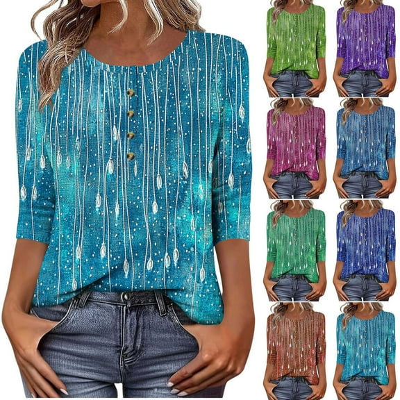 CYMMPU Women's Business Work Blouses Tunic Tops Shirts Casual Basic Tees Floral Printed Flowy Blouse 3/4 Length Sleeve Summer Fall Button up Scoop Neck 2025 Clothes Army Green L