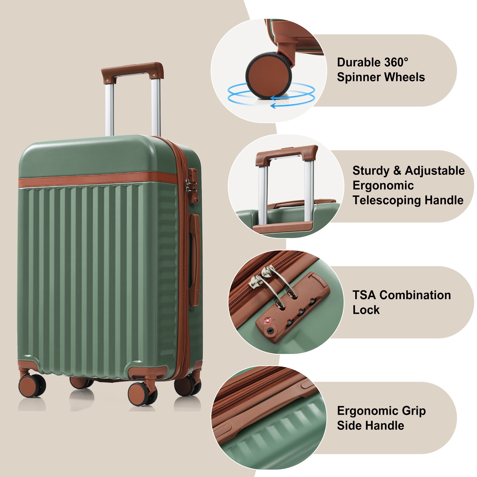 Euroco 3 Piece Front Opening Luggage Set, Hardshell Expandable Carry on Suitcase with Spinner Wheels,USB Port & TSA Lock, Lightweight Luggage for Travel,20in/24in/28in,Green