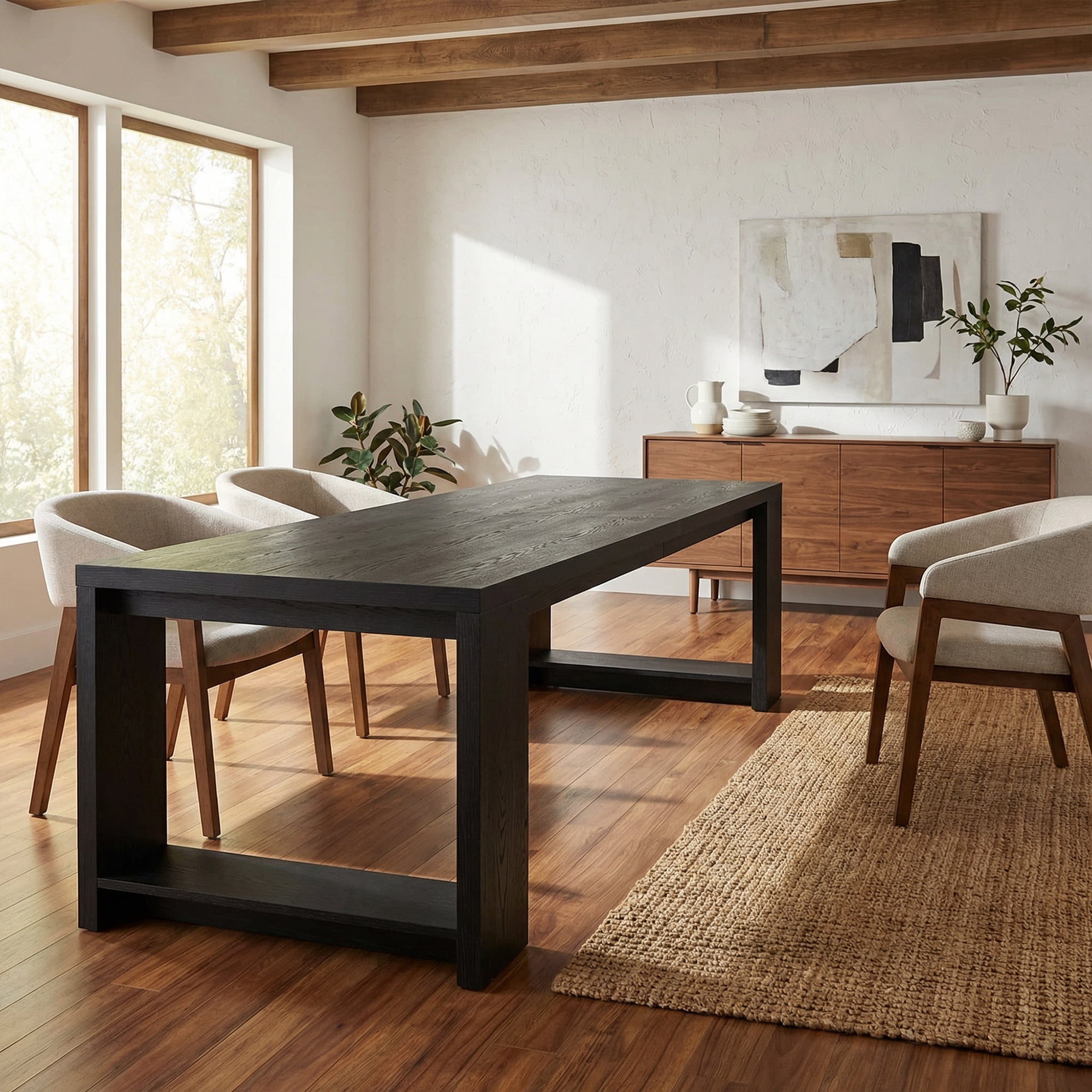 86 Inch Farmhouse Dining Table, Sleek Large Kitchen Table For 8-10 People, Solid MDF Dinner Table With Black Finish, Versatile Table For Home & Office Gatherings