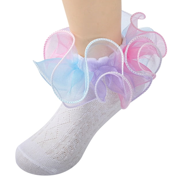 WUANDIXFA Girls Ruffle Socks Toddler Socks Floor Socks Summer Socks Rainbow Color Lace Thin Breathable Autumn Fashion Pink,3-5 Years
