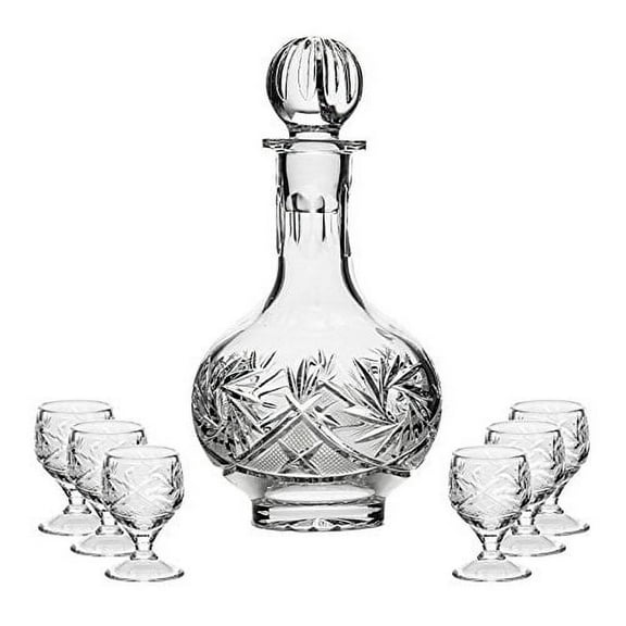 7-pc Vodka Cognac Whiskey Set Cut Crystal 12 Oz Carafe Decanter w/ 6 Crystal Shot Glasses Vintage Design