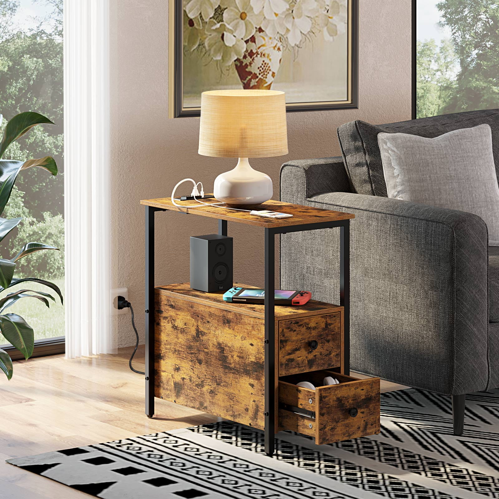 Rolanstar End Table with Charging Station for Living Room,Rustic Brown
