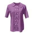 thumbnail image 2 of Womens Tops Plus Size Ladies' Cotton And Linen Shirt 2025 Solid Color Loose Double Breasted Lapel Casual Short Sleeved Blouse, 2 of 4