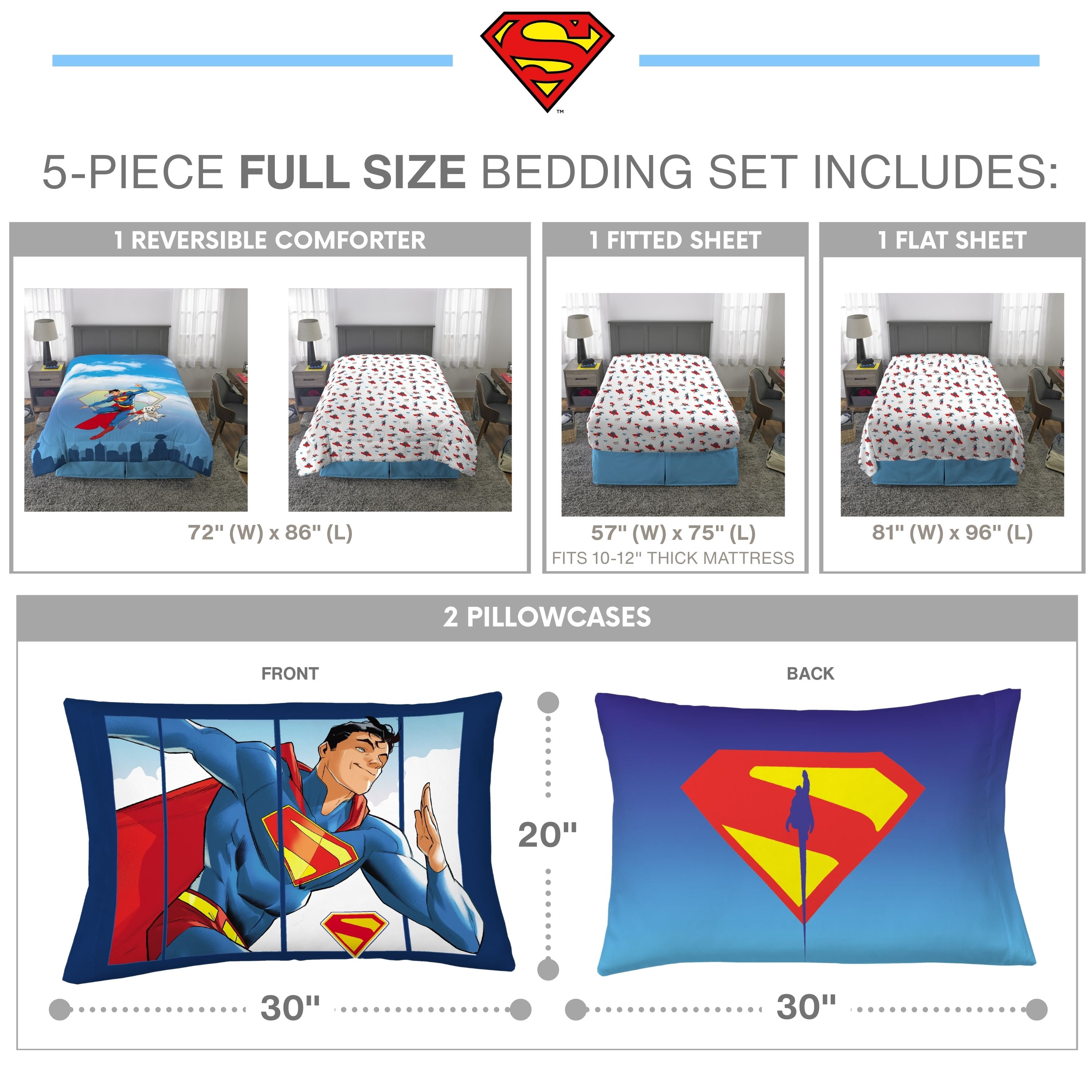 Superman Kids Full Bed in a Bag, 5Pc Bedding Set, Comforter and Sheets