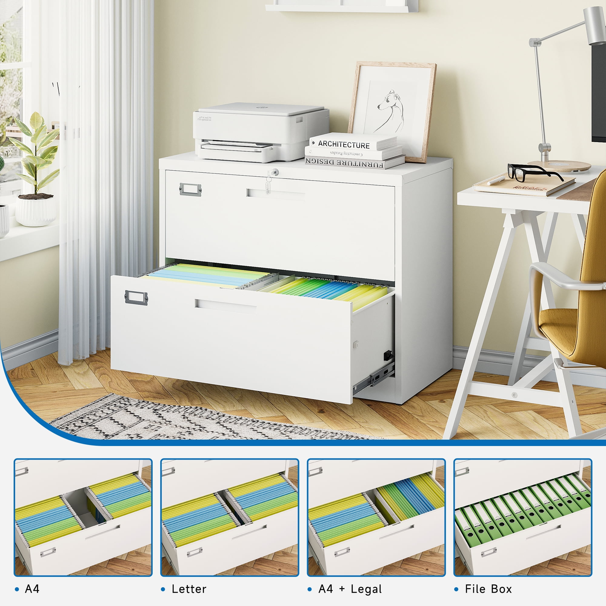 Fesbos Lateral File Cabinets with Lock,2 Drawer 28" Wide Metal Filing Cabinets,Hanging Letter/Legal/F4/A4 Size, Assembly Required - White