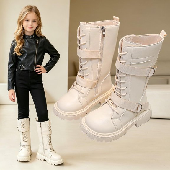 BXJX Girls Mid-Calf Boots Size 12, Side Zipper Non-slip Warm Lace Up Boots for Cold Weather White