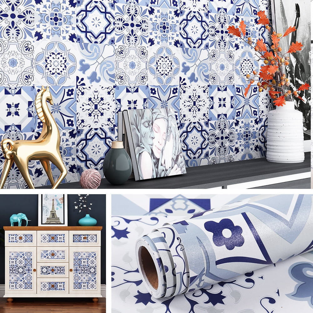 Livelynine White and Blue Geometric Wallpaper Peel and Stick for Kitchen  Backsplash Waterproof Moroccan Tile Contact Paper for Cabinet Stickers  Kitchen Shelves Self Adhesive Furniture Decor 