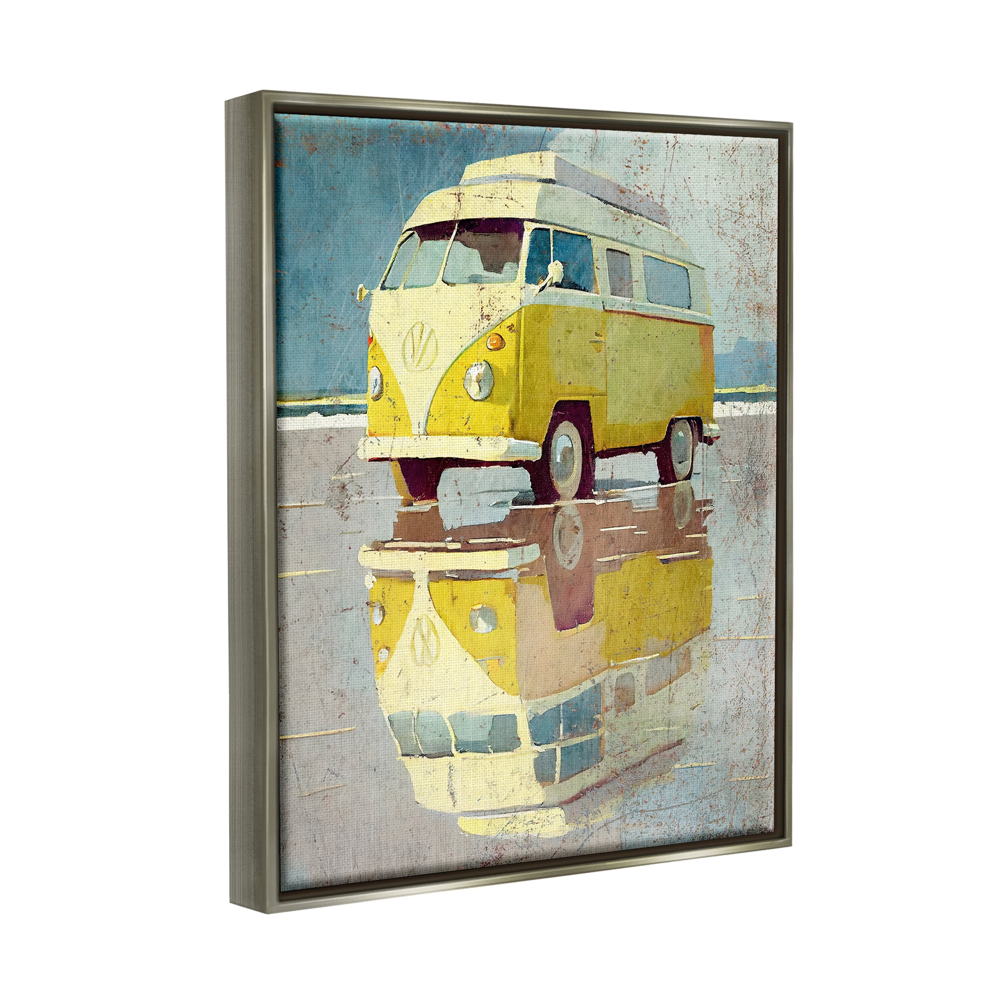 Stupell Industries Yellow Rustic Minibus Transportation Painting Gray Floater Framed Canvas Art Print Wall Art, 25 x 31