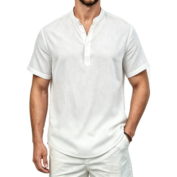 Mens White Cotton Linen Henley Shirts Casual Summer Beach Short Sleeve Hippie T-Shirt Vacation Party