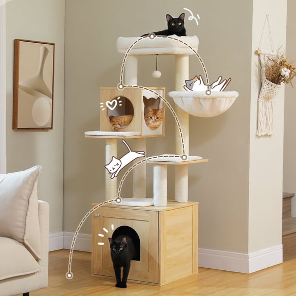 58" Cat Tree with Litter Box Enclosure Large, Wood Cat Tower for Indoor Cats with Storage Cabinet and Cozy Cat Condo, Sisal Covered Scratching Post and Repalcable Dangling Balls, Beige