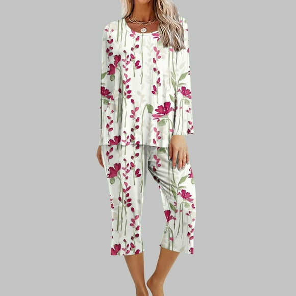 Matching Sets 2PC Women's Round Neck Long Sleeve Two-piece Comfortable Home Pajamas Set Sports Set Workout Sets for Women Plus Size on Clearance