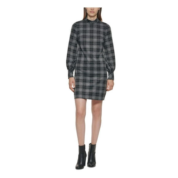 Calvin Klein Womens Gray Zippered 3 Button Cuff Plaid Cuffed Sleeve Mock Neck Short Shift Dress Petites 8P
