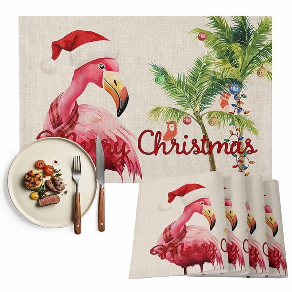 Pink Merry Christmas Flamingo Placemats Set of 4, Tropical Coconut Tree Table Mats Washable Heat-Insulation Non-Slip Place Mats for Kitchen Dinner Table Indoor Outdoor Decor,13x19 Inch