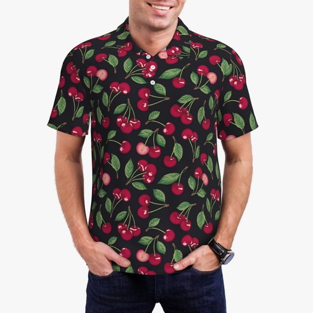 Fotbe Ripe Red Cherry Camiseta Polo de Golf para Hombre con Estampado – Camisa Deportiva Transpirable con Cuello Abotonado-X-Large