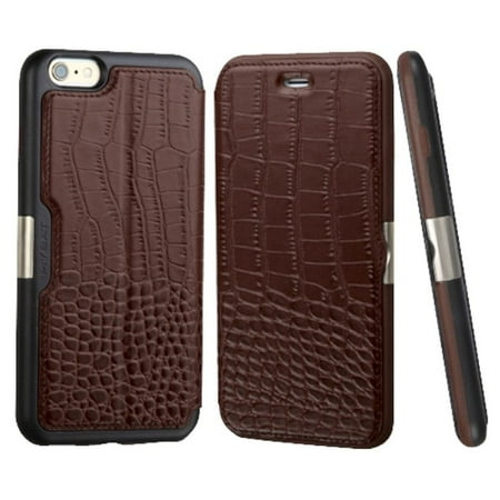 Iphone 6 Cases Crocodile Leather Insten For iPhone 6s 6 - Genuine Leather Crocodile Embossed Wallet Flip Case Stand Cover with Card Slot - Brown/Black (Gift Idea) ()