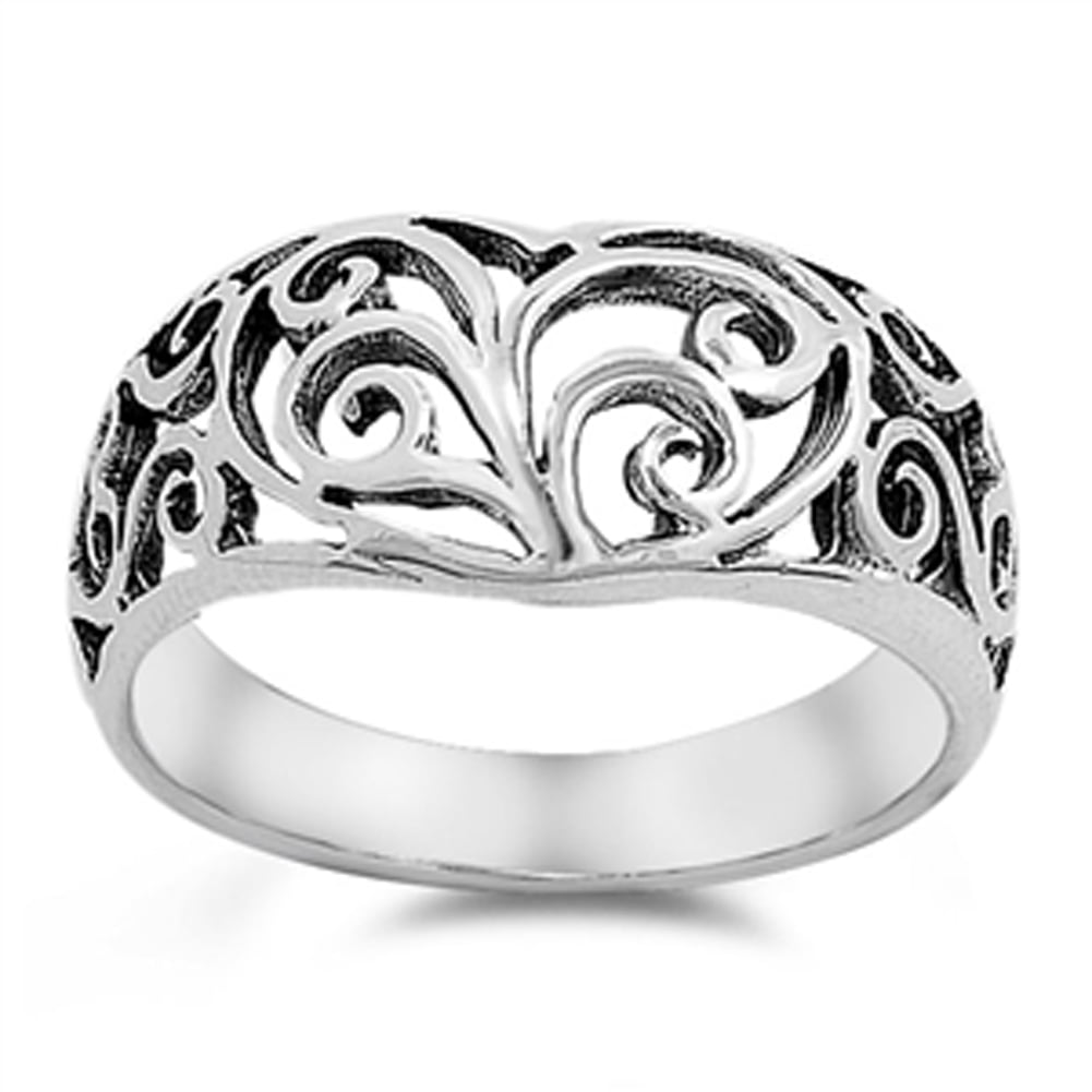 Oxidized Heart Floral Spiral Purity Ring 925 Sterling Silver Band ...