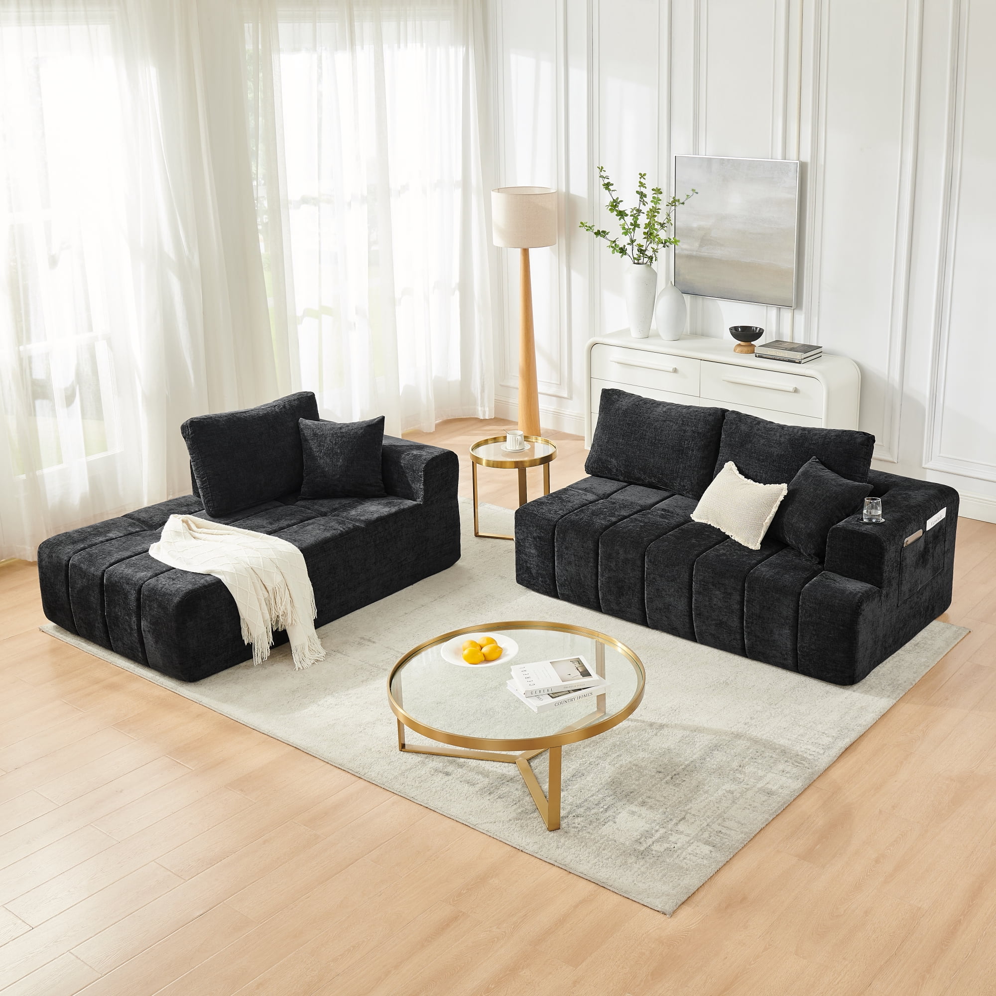Leumius 108" L-Shaped Sectional Sofa,Chenille Boneless Couch, Modern 3-Seat Upholstered Cloud Couch Sectional with Deep Seat and Cup Holders for Living Room,No Assembly Required,Black