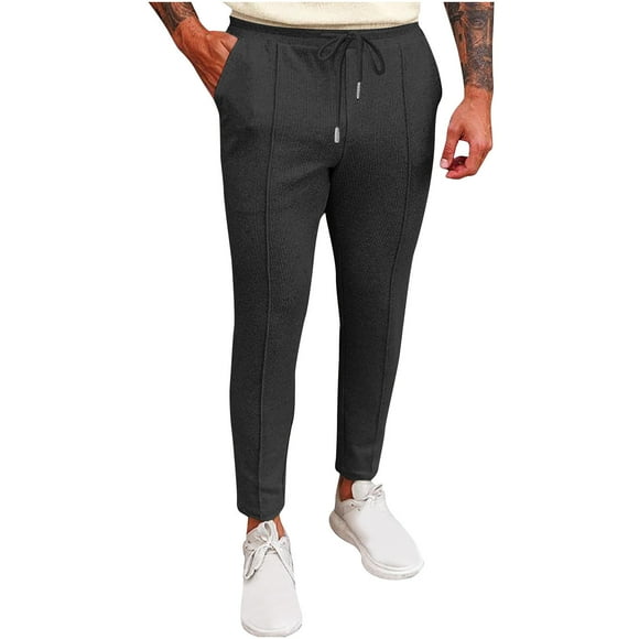Virmaxy Waffler Soft Tapered Joggers Sweatpants for Men Solid Color Sport Small Legs Lace-Up Solid Color Full Length Pants Open Bottom Athletic Pants for Jogging Black XL