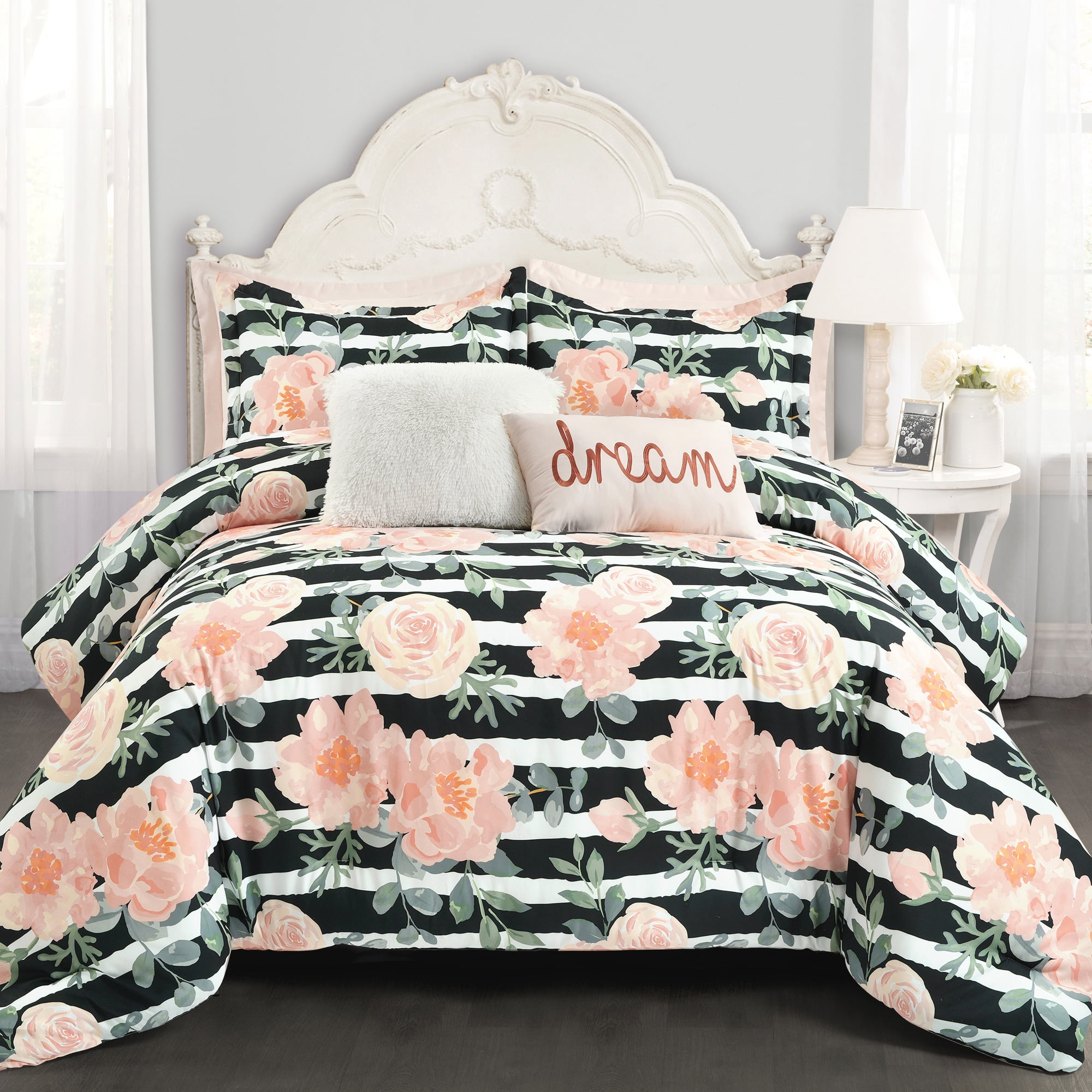 Lush Decor Amara Watercolor Rose Comforter Black/Dusty Rose 7Pc Set