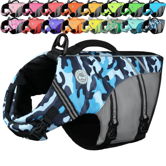 VIVAGLORY Gilet de Sauvetage pour Chien Style Sportif, Gilet de Sauvetage pour Chien pour la Natation et la Navigation, Ripstop et Flottabilité pour Chiot, Gilet de Flottaison avec Poignée, S, Camouflage Bleu