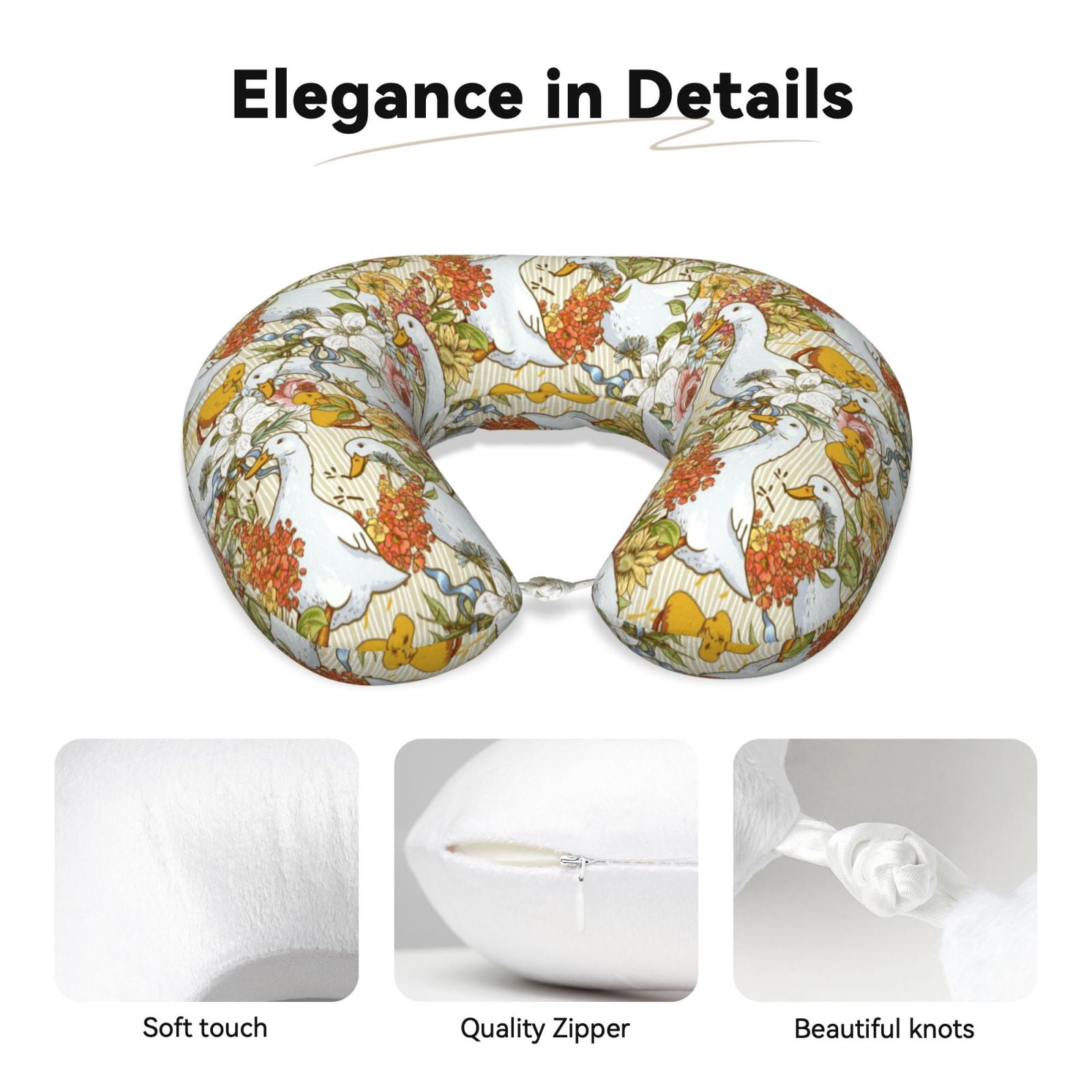 Xecao Ducks and Flowers Print Memory Foam Cervical Neck Pillow Versatile U-Shaped Pillows for Home,Office,Camping,Travelling,Soft Washable Cover