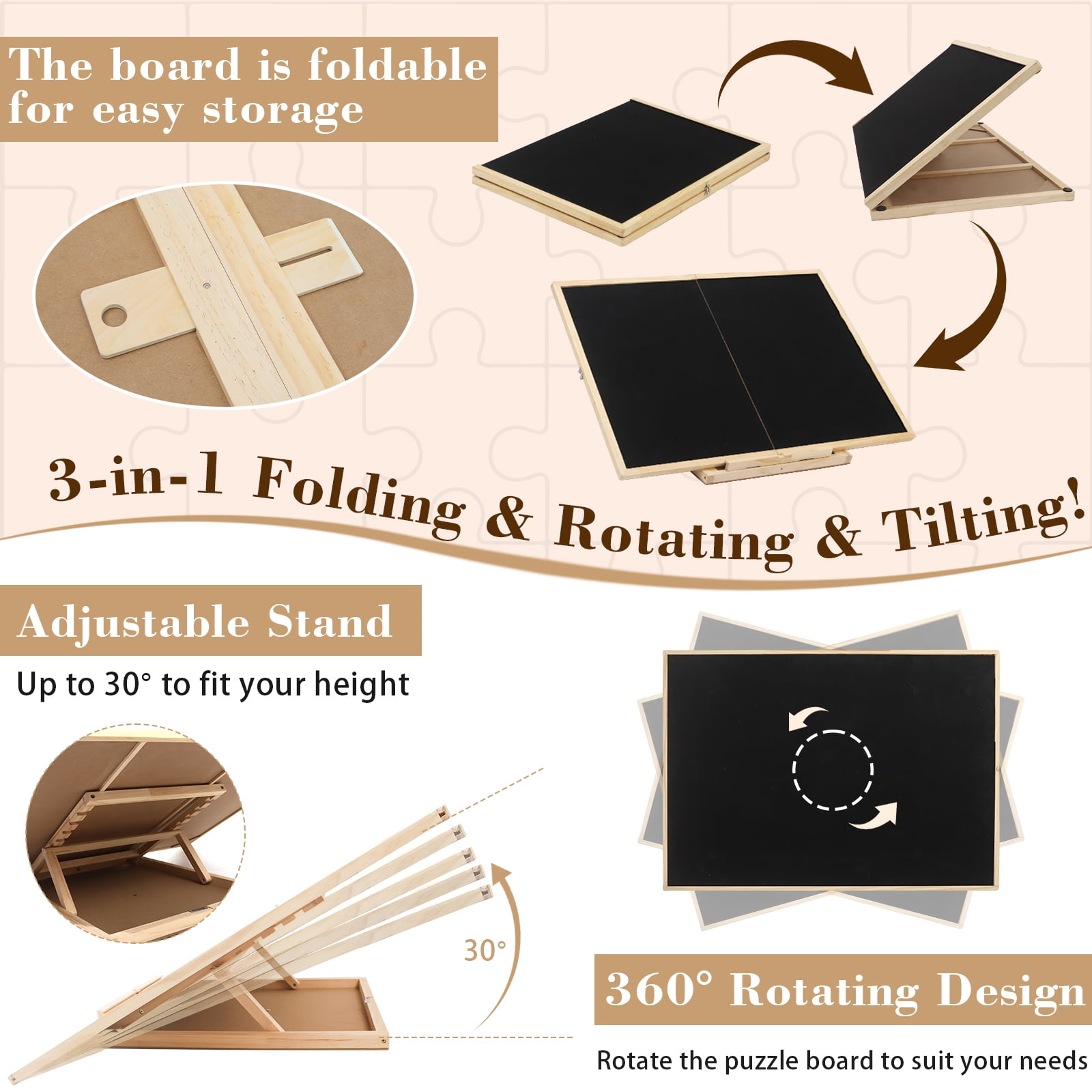 Foldable Puzzle Board 1500 Pieces, Rotating & Tilting Jigsaw Puzzle Board with 4 Non-Woven Drawers, 26x35.8'' Wooden Puzzle Table, Portable Board GameTable for Adults, Birthday Gift for Mom